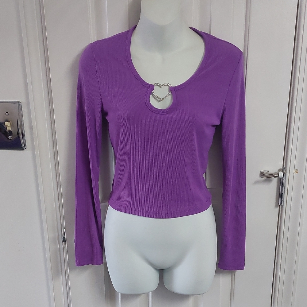 Violet Long Sleeve Top with Rhinestone Heart Detail